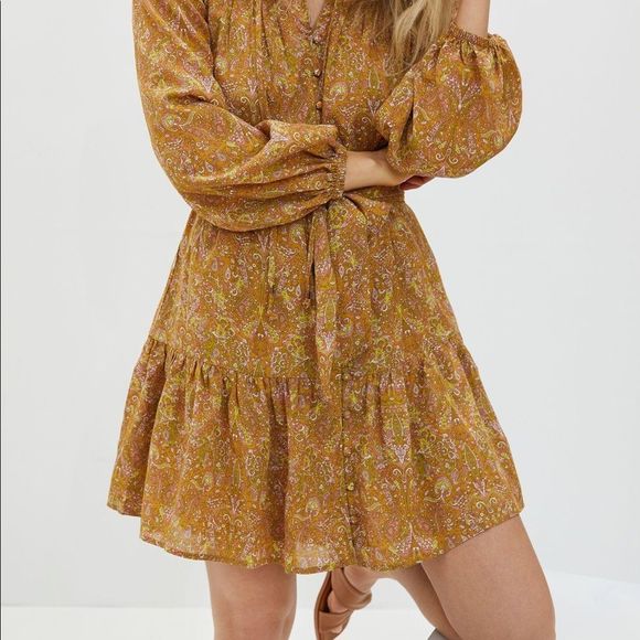 Anthropologie Calanthe Mini Belted Button Mini Shirtdress X-SMALL Gold - Picture 3 of 12